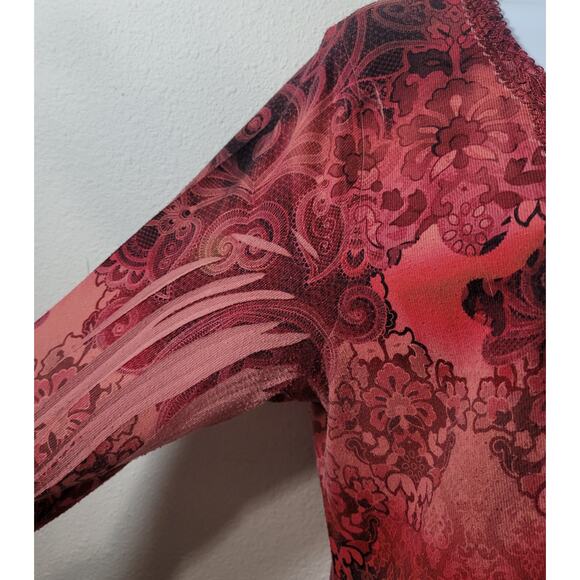 World Unity Red Burgundy Lace Bodice Rhinestone Top Large Lightweight Stretchy - Picture 6 of 6